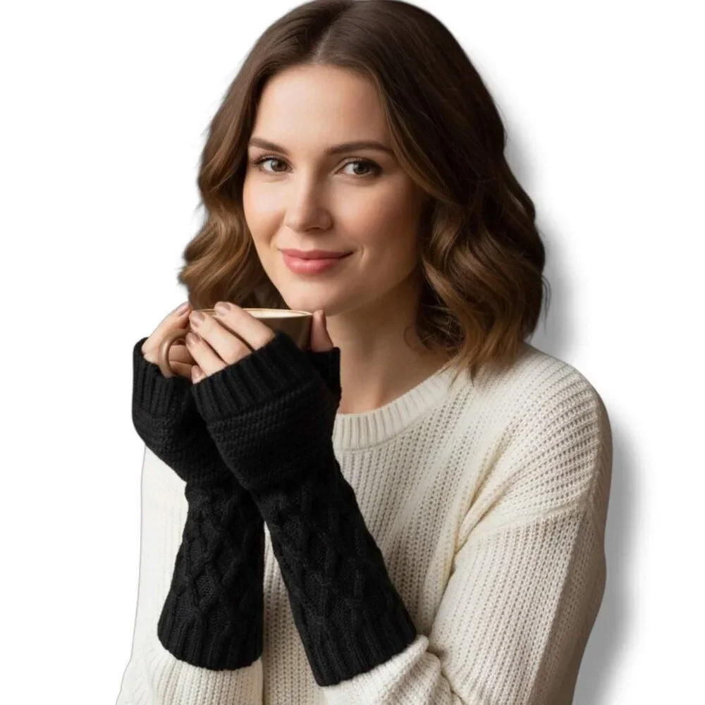Long Black Cable Knit Arm Warmers Gloves Y2K Grunge Boho NWT
